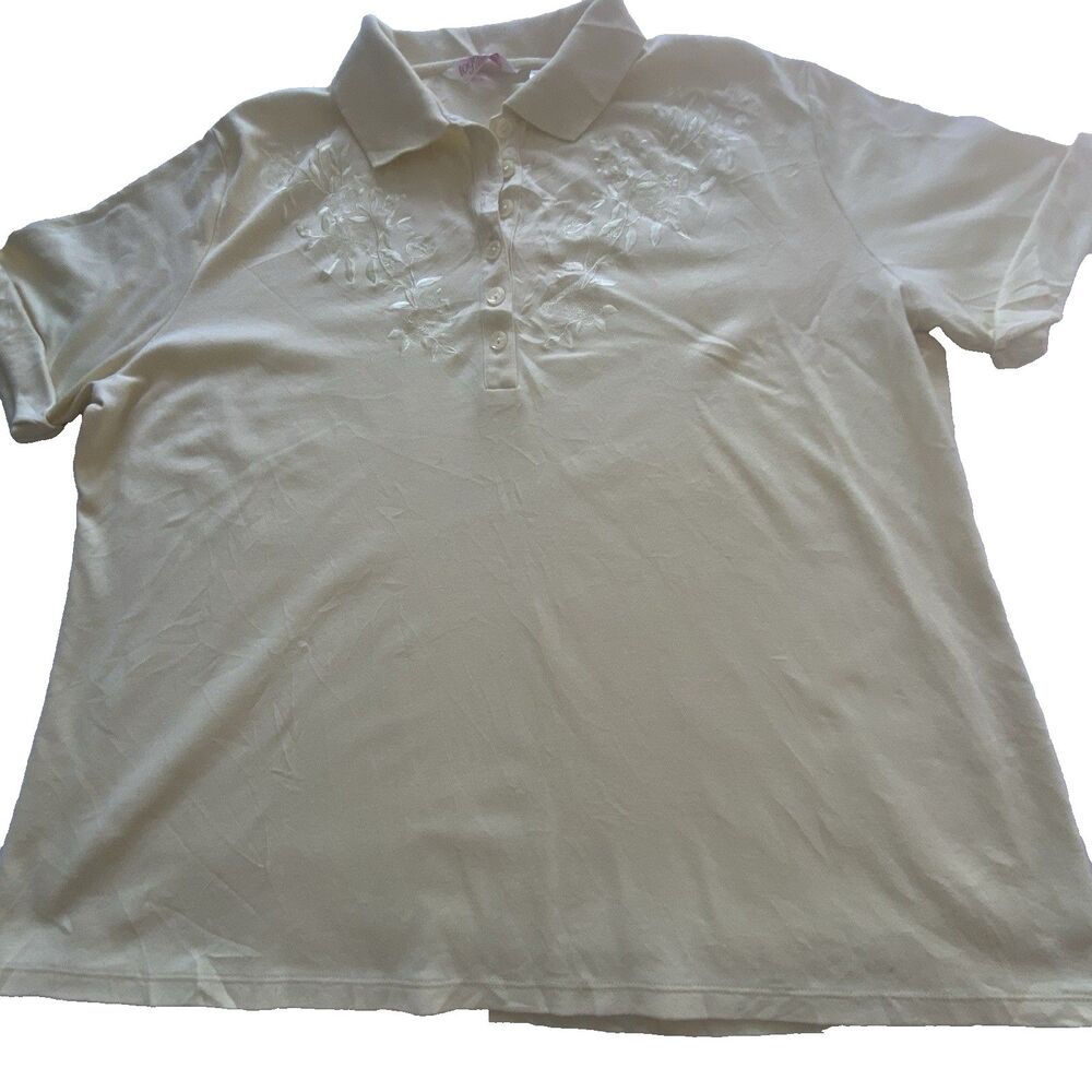Together Basics Womens 1X Yellow Embroidered Floral Short Sleeve Polo Shirt Top